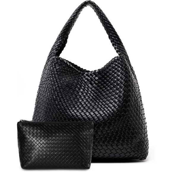 Handbags - Women's Black Large Tote Bag Weave Purse Woven Pu Leather Handbag